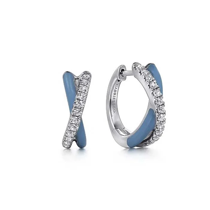 Slope gem earrings-Gabriel White Sapphire and Baby Blue Enamel Crossover Hoop Earrings in Sterling Silver