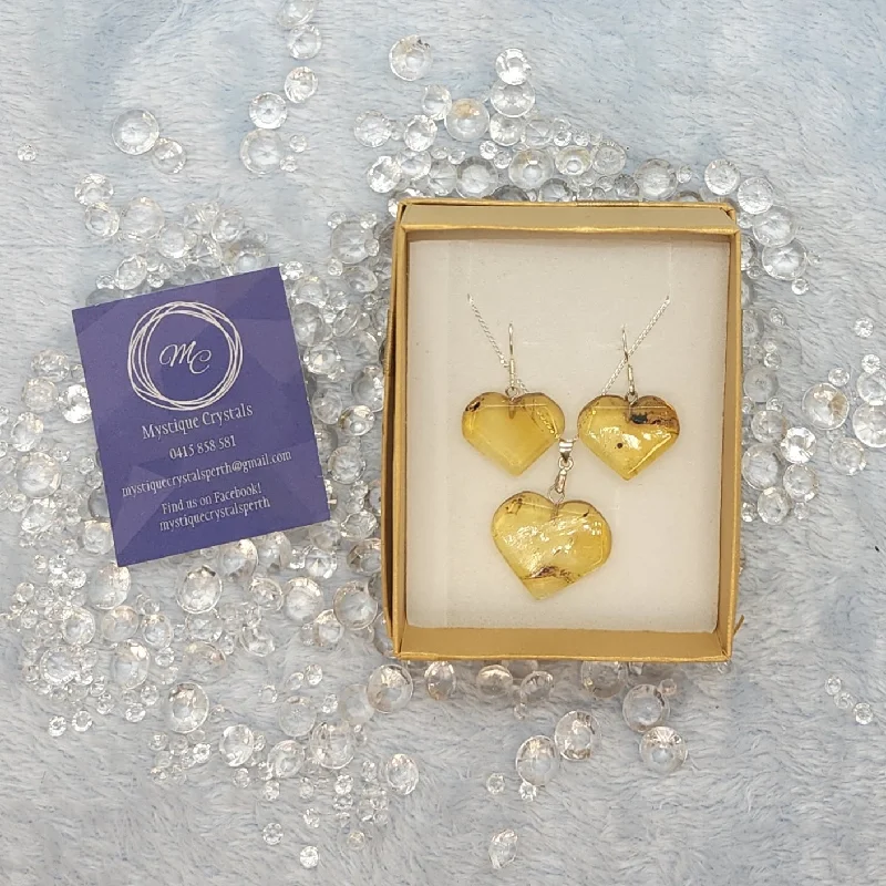 Eight-gem earrings-Amber Heart Earrings & Necklace Bead