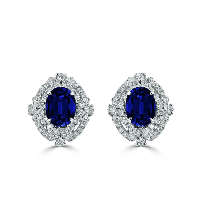 Hand-carved earrings-Auriya 18k White Gold 3 1/5ct Blue Sapphire and 5/8ct Diamond Halo Earrings