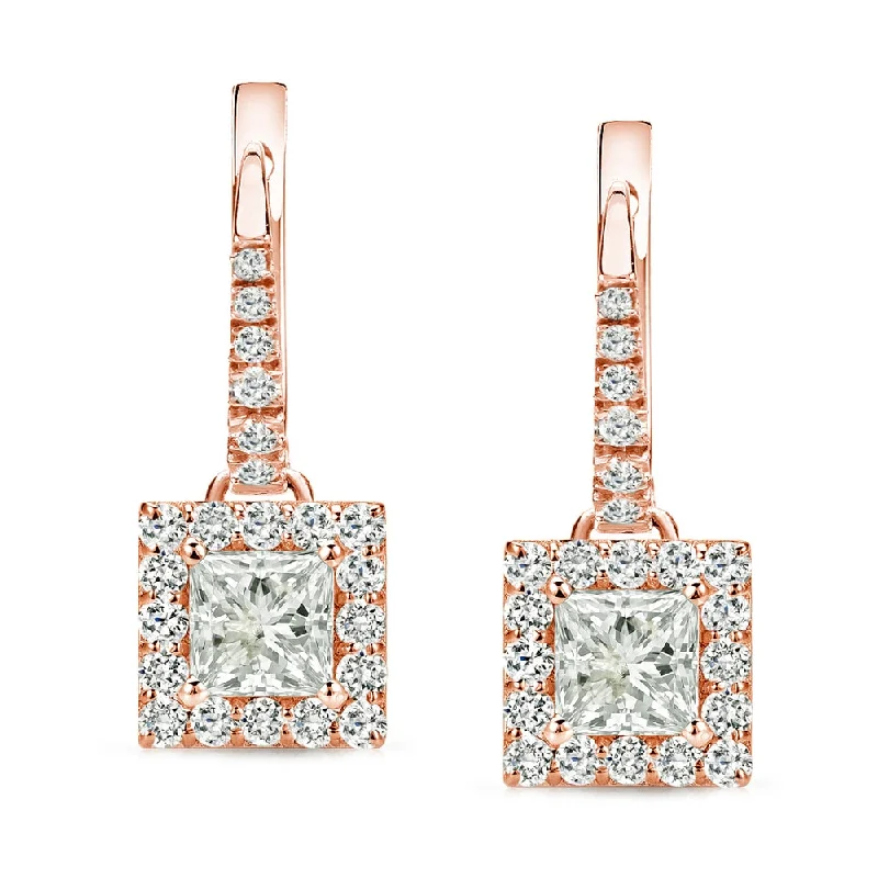 Glimmering gem earrings-Auriya 3/4ctw Princess-cut Halo Diamond Dangle Earrings 14k Rose Gold (I-J, I1-2)