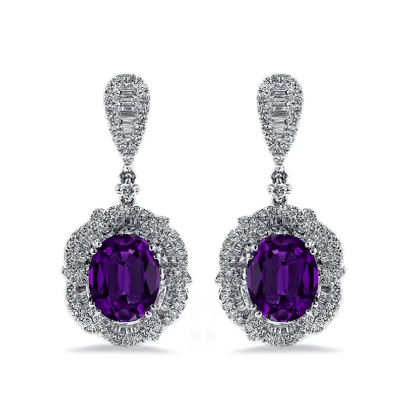 Shaded gem earrings-Auriya 4 5/8ct Fancy Oval-cut Amethyst Halo Diamond Drop Earrings 2 1/8ctw 18k Gold