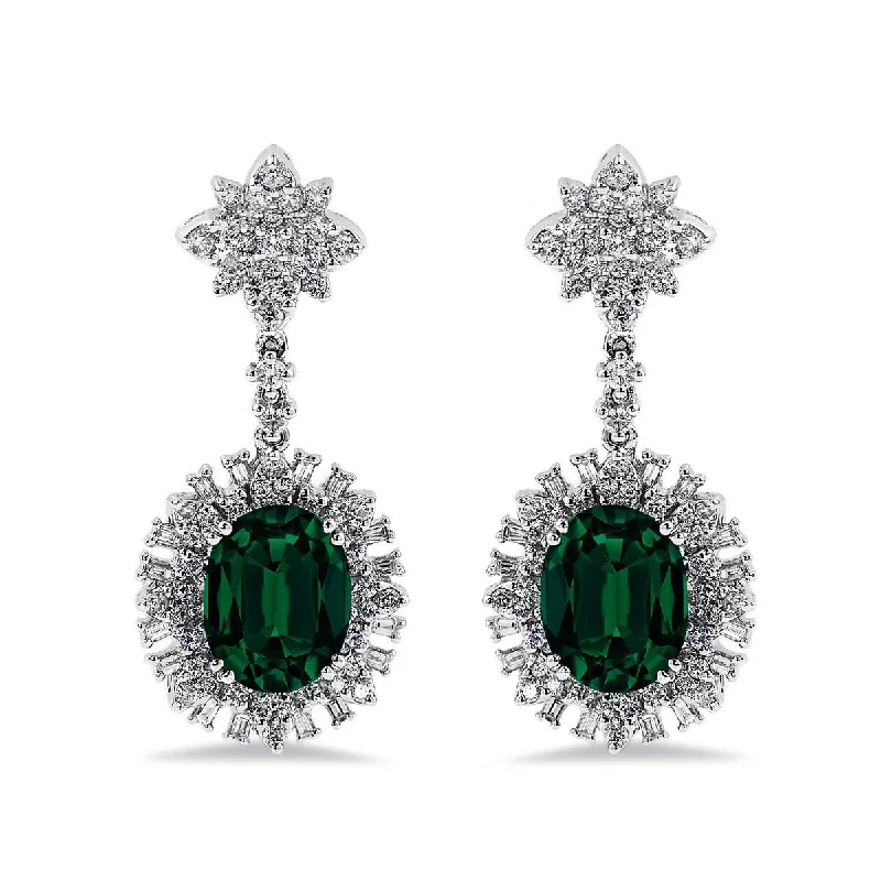 Sparkling crystal earrings-Auriya 4 9/10ct Fancy Oval-cut Emerald Halo Diamond Drop Earrings 1 3/4ctw 18k Gold