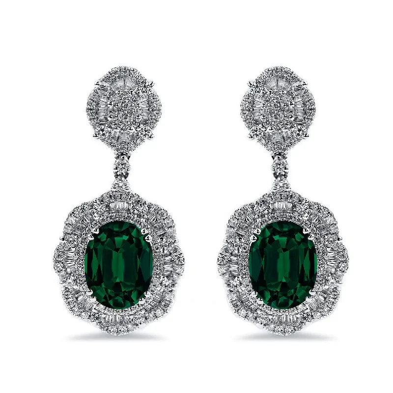 Tide effect earrings-Auriya 4 9/10ct Fancy Oval-cut Emerald Halo Diamond Drop Earrings 2 5/8ctw 18k Gold