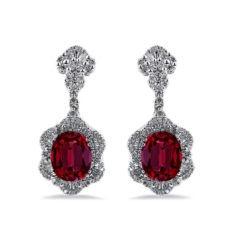 Vintage topaz earrings-Auriya 5 3/4ct Fancy Oval-cut Red Ruby Halo Diamond Drop Earrings 1 7/8ctw 18k Gold