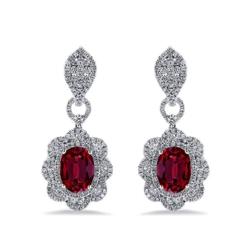 Glossy platinum earrings-Auriya 5 3/4ct Fancy Oval-cut Red Ruby Halo Diamond Drop Earrings 2 3/4ctw 18k Gold