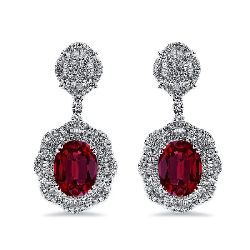 Bright diamond earrings-Auriya 5 3/4ct Fancy Oval-cut Red Ruby Halo Diamond Drop Earrings 2 5/8ctw 18k Gold