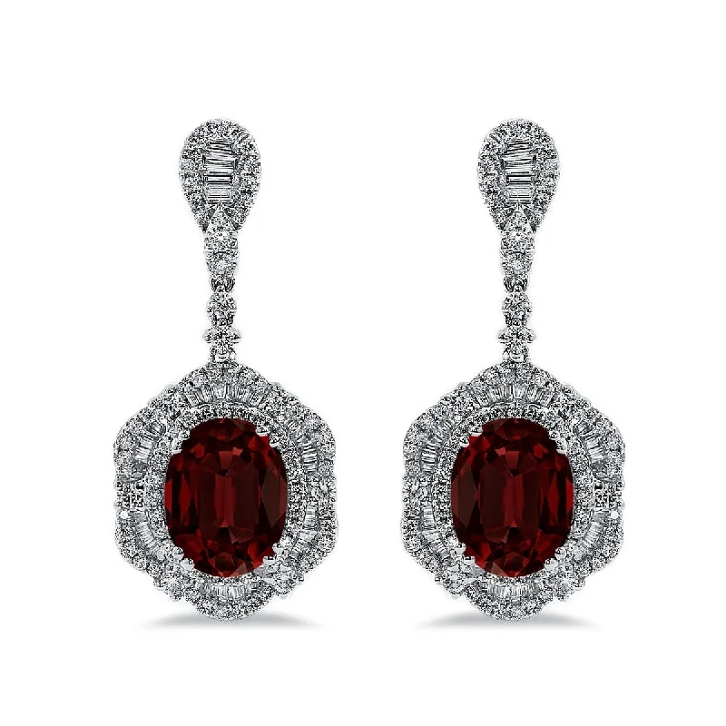 Carved pattern earrings-Auriya 5 5/8ct Fancy Oval-cut Garnet Halo Diamond Drop Earrings 3 1/8ctw 18k Gold