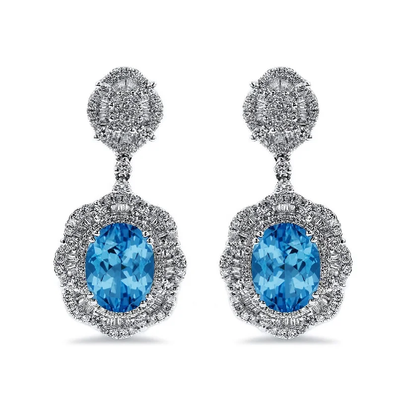 Mottled finish earrings-Auriya 6 3/8ct Fancy Oval-cut Topaz Halo Diamond Drop Earrings 2 5/8ctw 18k Gold