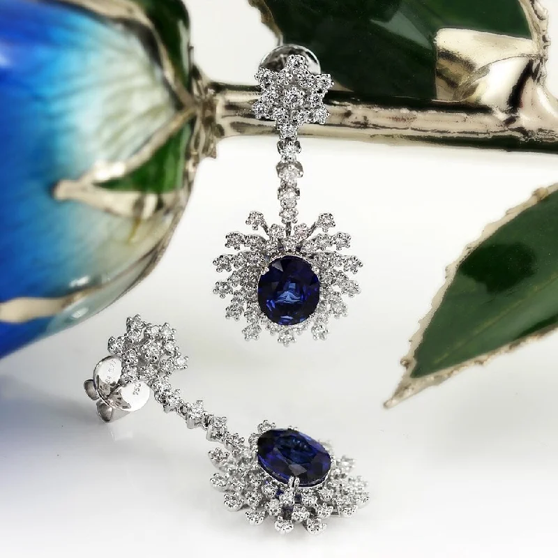 Untamed pearl earrings-Auriya Fancy 5 3/4ct Royal Blue Sapphire Oval and 1 7/8ctw Dangling Halo Diamond Earrings 18K Gold