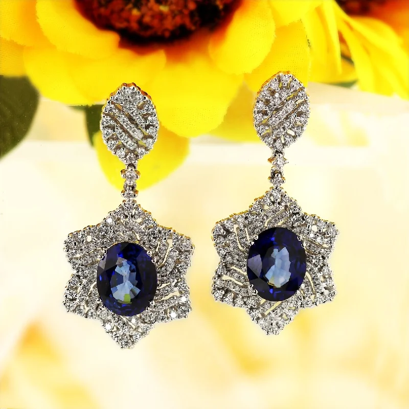 Shiny gold earrings-Auriya Fancy 6 3/4ct Royal Blue Sapphire Oval and 1 1/4ctw Halo Diamond Earrings 18K Gold