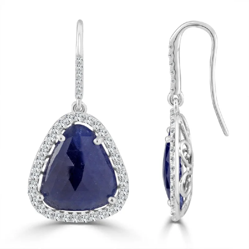 Triple-heart earrings-Auriya Fancy Shaped 15ct Blue Sapphire and 1 1/5ctw Halo Diamond Drop Earrings 14k White Gold