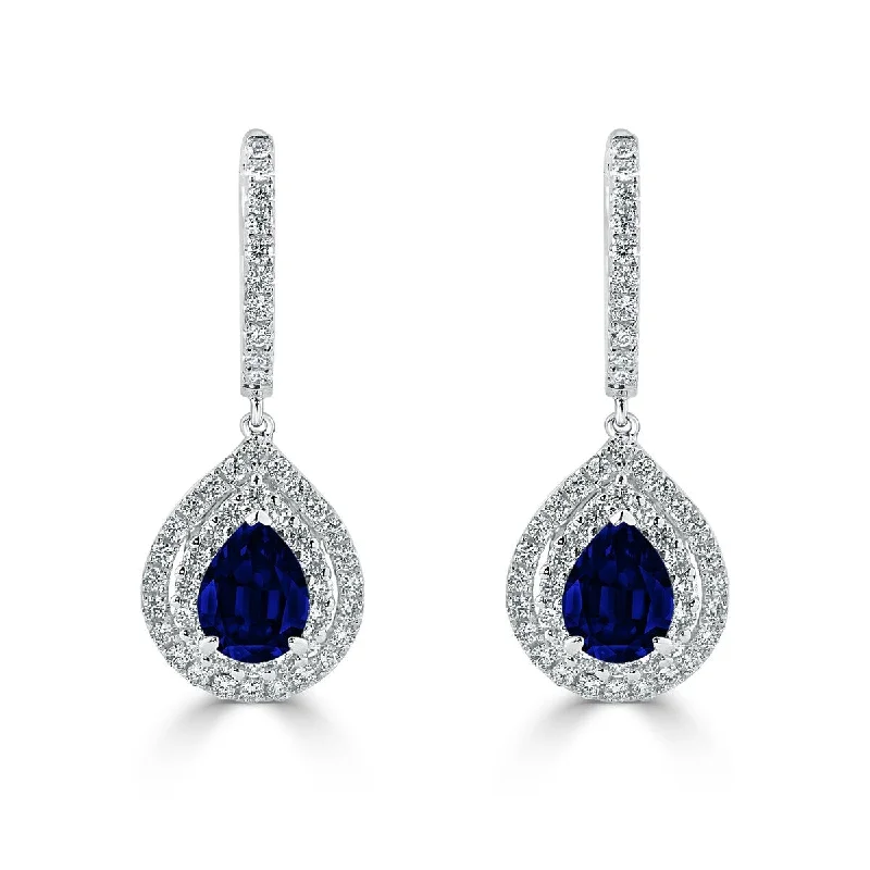 Eight-gem earrings-Auriya Fancy Teardrop 2 5/8ct Blue Sapphire and 1.03ct Diamond Double Halo Dangle Earrings 18k Gold