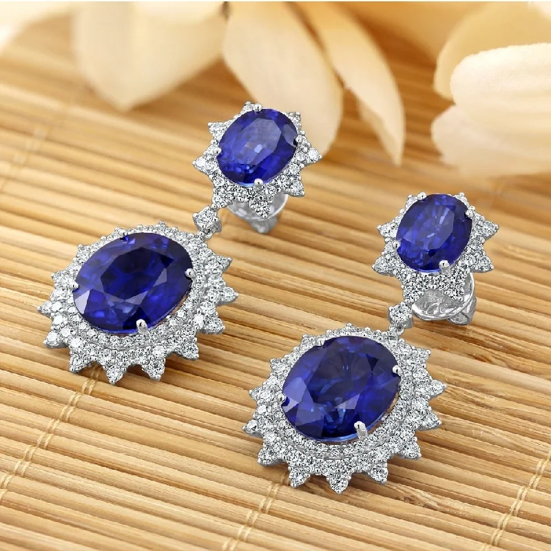 Contoured earrings-Auriya Vintage 28 1/2ct Royal Blue Sapphire and 3 9/10ctw Halo Diamond Dangle Earrings 18K Gold