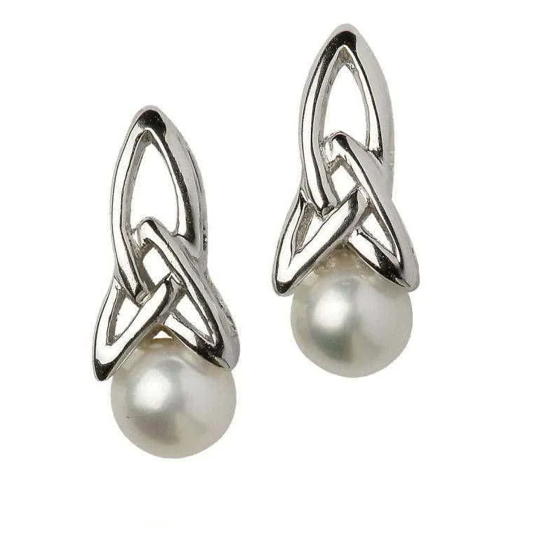 Flower-bud earrings-Celtic Silver Pearl Earrings