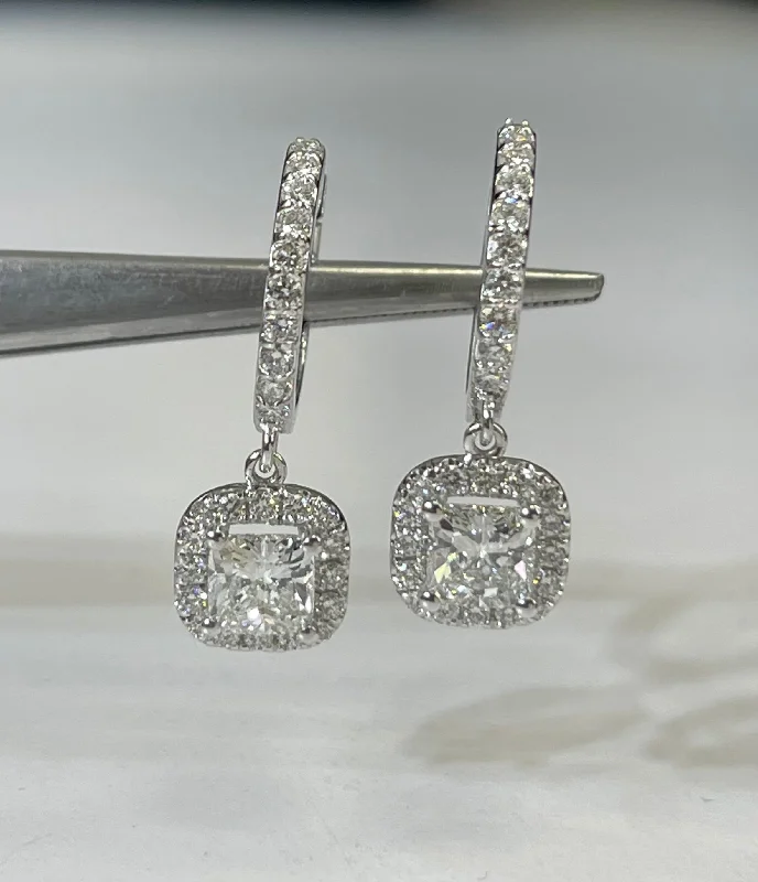 Braided fiber earrings-Cushion Brilliant Halo Diamond Dangle Earrings 18kt White Gold