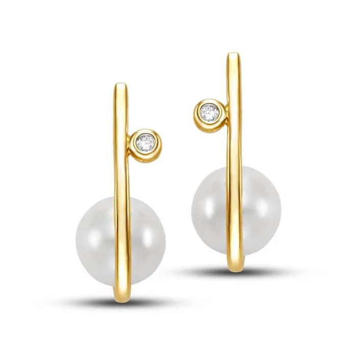 Wide-tier earrings-Mastoloni 8-8.5mm Freshwater Cultured Pearl J-Hoop Earring with Diamond Accent in 14K Yellow Gold