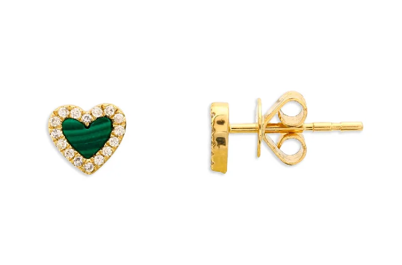 Shaded gem earrings-Earrings 14kt Gold Hearts Malachite & Diamonds Studs