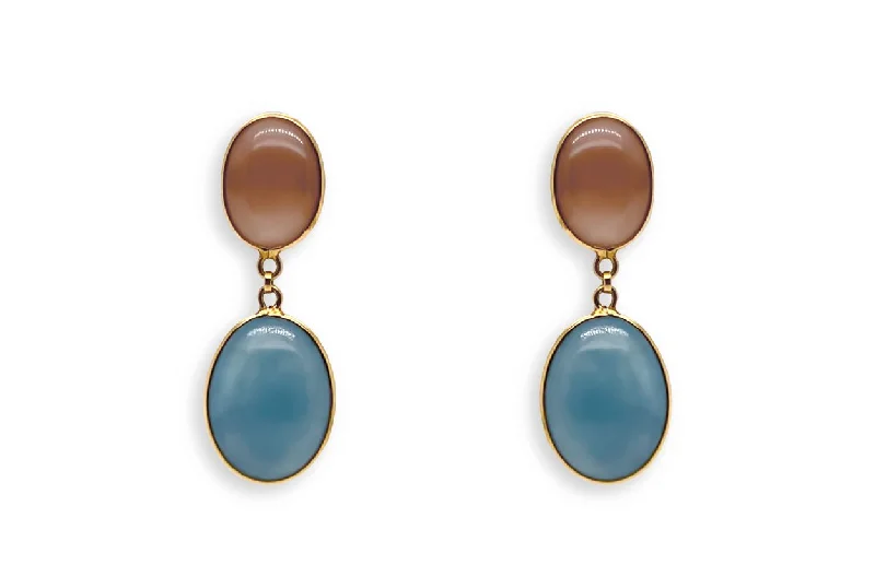 Droplet earrings-Earrings 18kt Gold Aquamarine & Moonstone Ovals