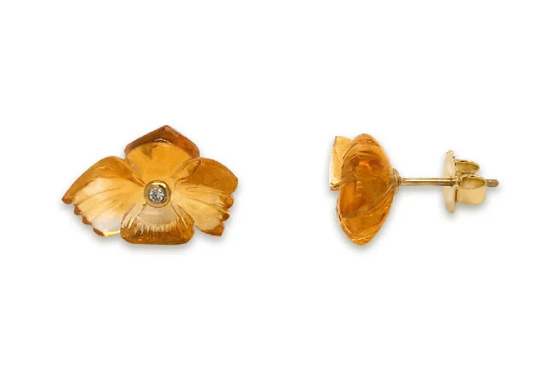 Smooth-cut earrings-Earrings 18kt Gold Citrine Asymmetrical Carved Flowers & Diamonds