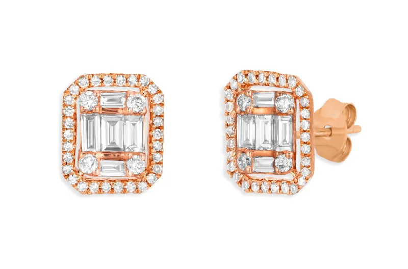 Slope gem earrings-Earrings 18kt Rose Gold Emerald Illusion Diamonds Halo Studs