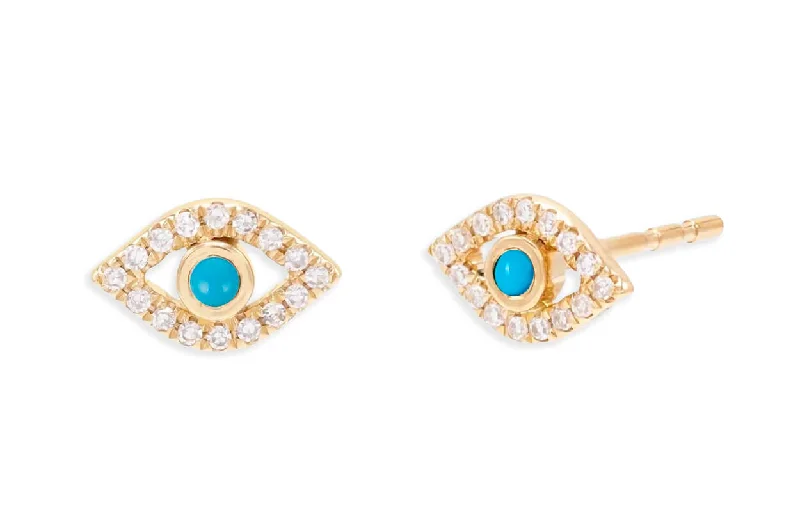 Celestial moon earrings-Earrings 18kt Yellow Gold Turquoise & Diamonds Evil Eye Studs