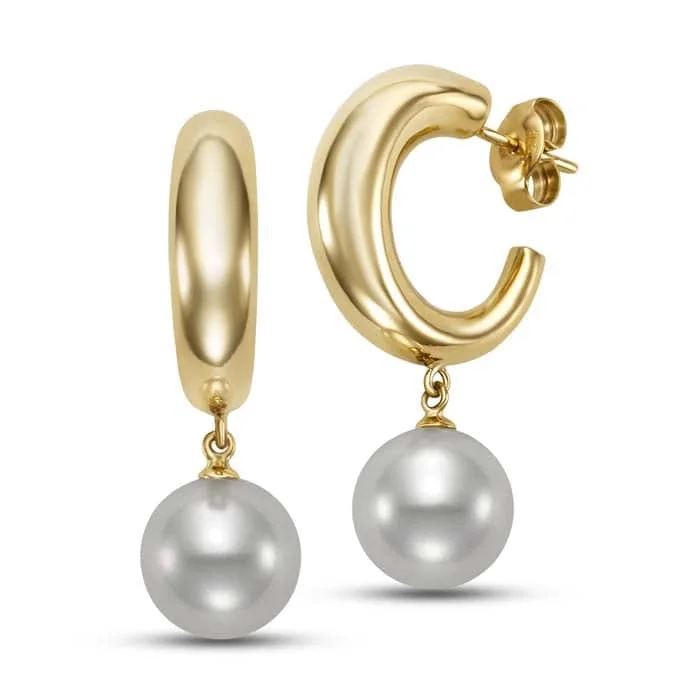 Flower-bud earrings-Mastoloni 10-10.5mm Pearl Tapered Crescent Hoop Earrings in 14K Yellow Gold