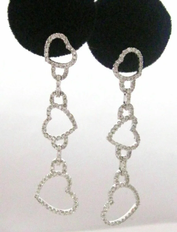 Sparkling crystal earrings-Fine 3 Hearts Dangling Round Diamond Earrings G SI-1 18k White Gold Push Back