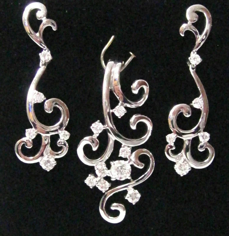 Celestial moon earrings-Fine Art Deco-Style Earrings & Necklace Set G VS1 Push Back 14k White Gold