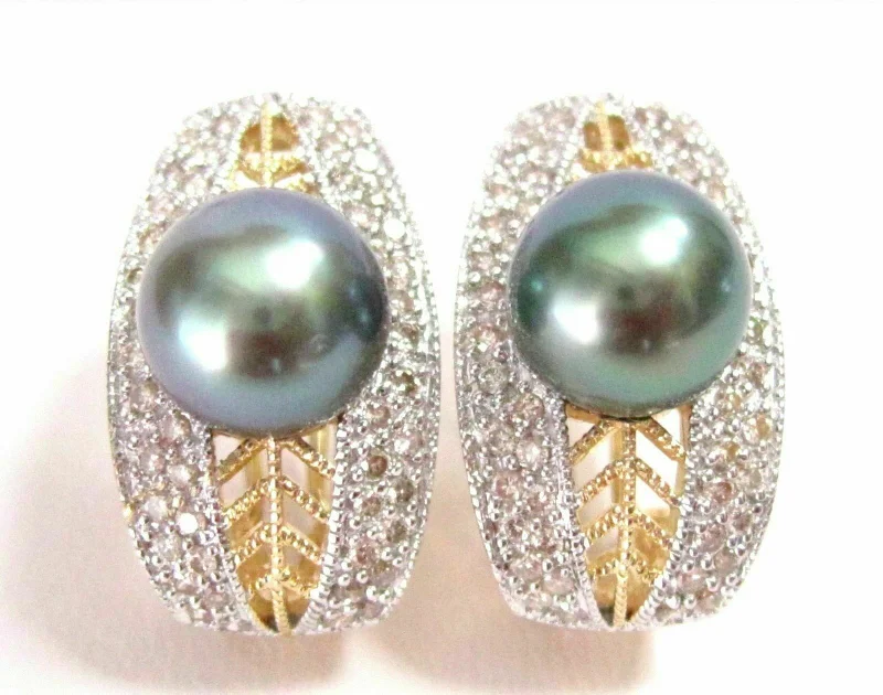 Rough-edge earrings-Fine Silver Green Pearl Diamond Huggie Earrings 14kt Yellow Gold