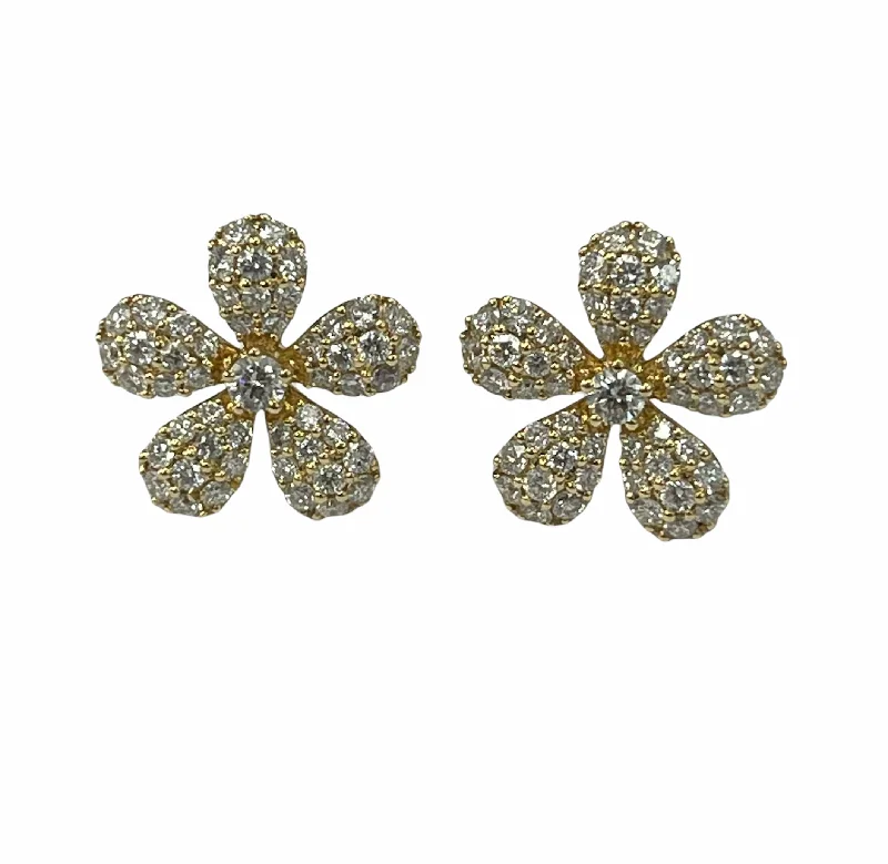 High cabochon earrings-Flower Round Brilliants Diamond Five Petals Earrings Yellow Gold