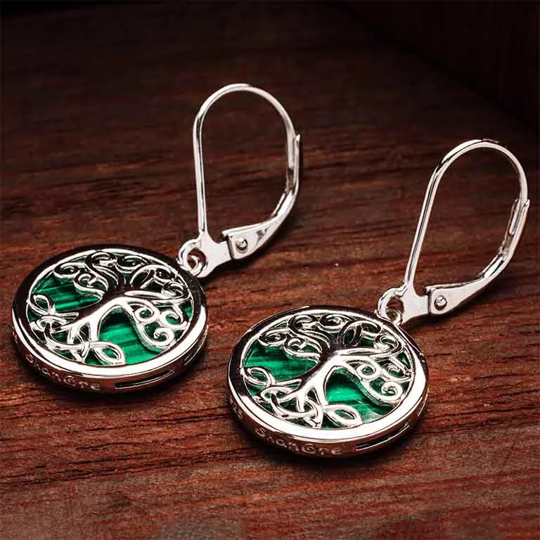 Welded gold earrings-Green Malachite Sterling Silver Tree of Life Earrings