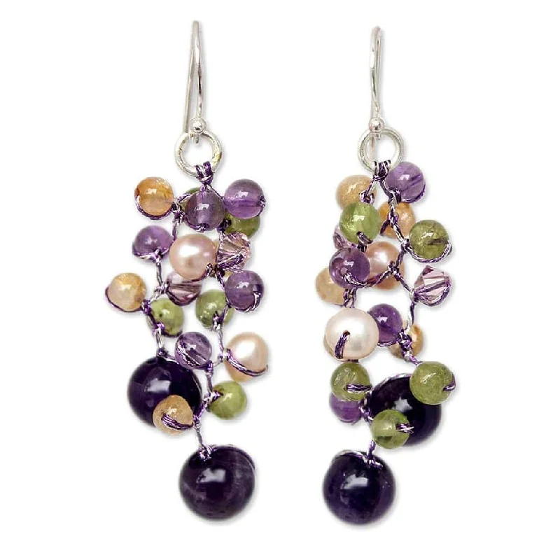 Droplet earrings-Handmade Multi-gemstone 'Mystic Passion' Pearl Earrings (3.5-4 mm) (Thailand)