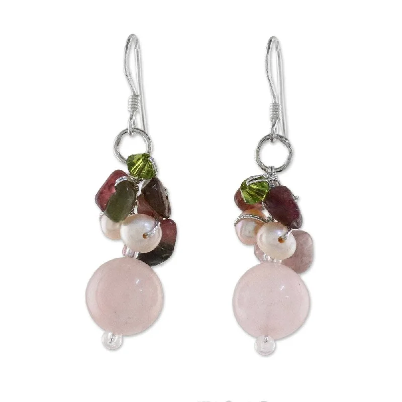 Vivid kyanite earrings-Handmade Romantic Pearl Rose Quartz Earrings (Thailand)