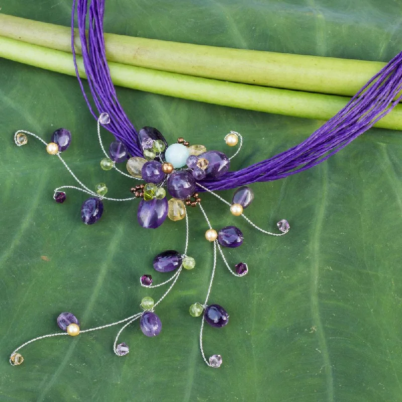 Satin iron earrings-Handmade Stainless Steel 'Floral Joy' Multi-gemstone Choker (Thailand) - Blue