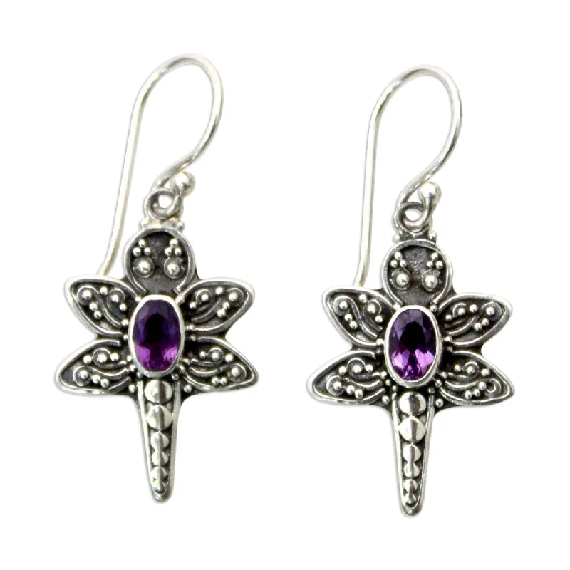 Rich gold earrings-Handmade Sterling Silver Baby Dragonfly Amethyst Dangle Earrings (Indonesia)