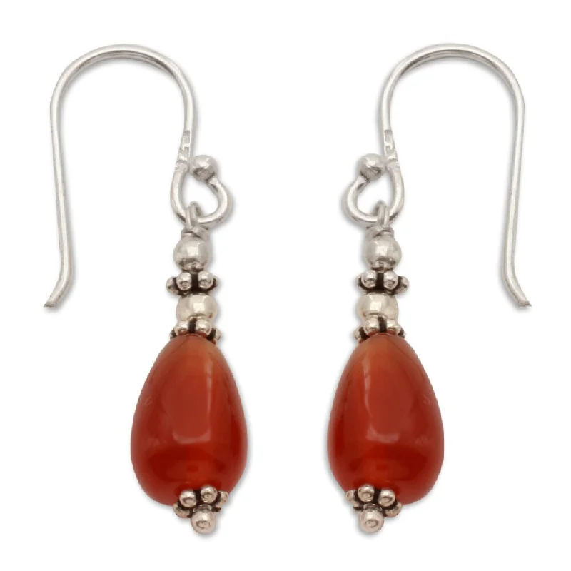 Contoured earrings-Handmade Sterling Silver Fire Carnelian Earrings (India) - 1.5*0.3