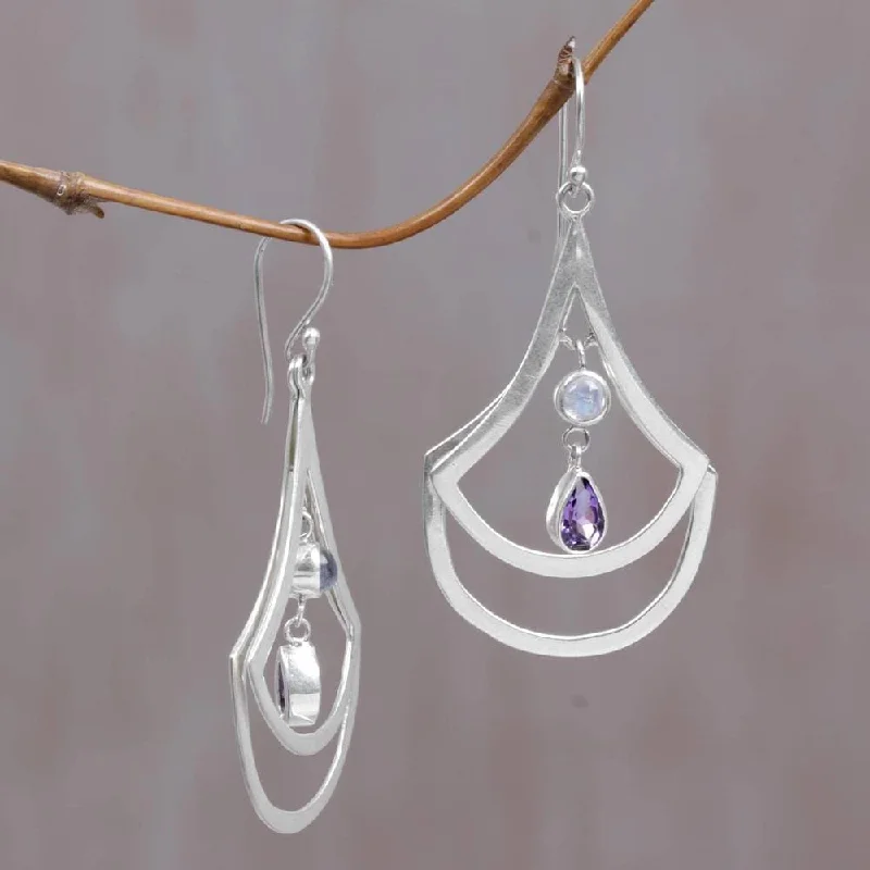 Glossy stone earrings-Handmade Sterling Silver 'Glory of Purple' Amethyst Rainbow Moonstone Earrings (Indonesia) - 2.5L* 1.3W