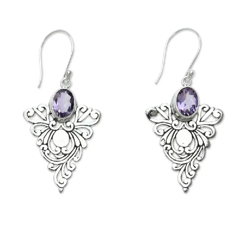 Antique emerald earrings-Handmade Sterling Silver 'Java Peacock' Amethyst Earrings (Indonesia)