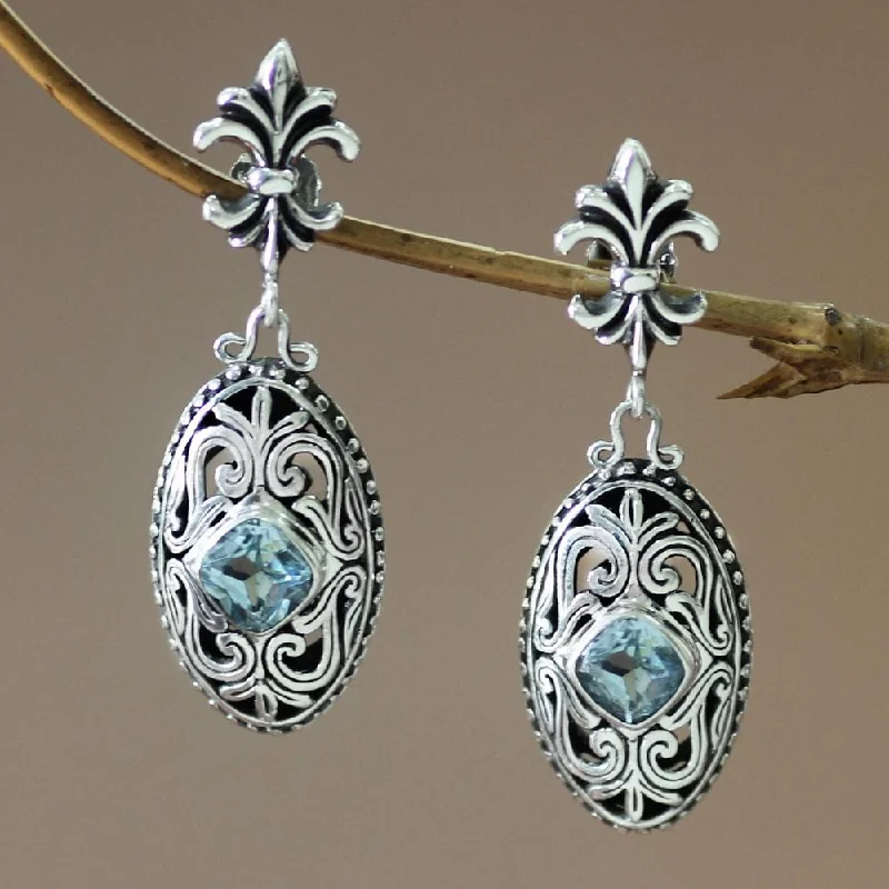 Rich emerald earrings-Handmade Sterling Silver 'Jungle Kingdom' Blue Topaz Earrings (Indonesia)