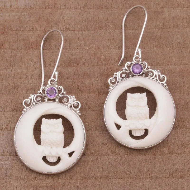 Fine-edged earrings-Handmade Sterling Silver 'Owls on Watch' Amethyst Earrings (Indonesia) - 2.1*1