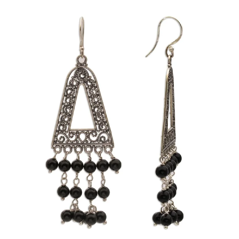 Slope gem earrings-Handmade Sterling Silver 'Pura Rainfall' Onyx Earrings (Indonesia) - 2.8L*0.8W