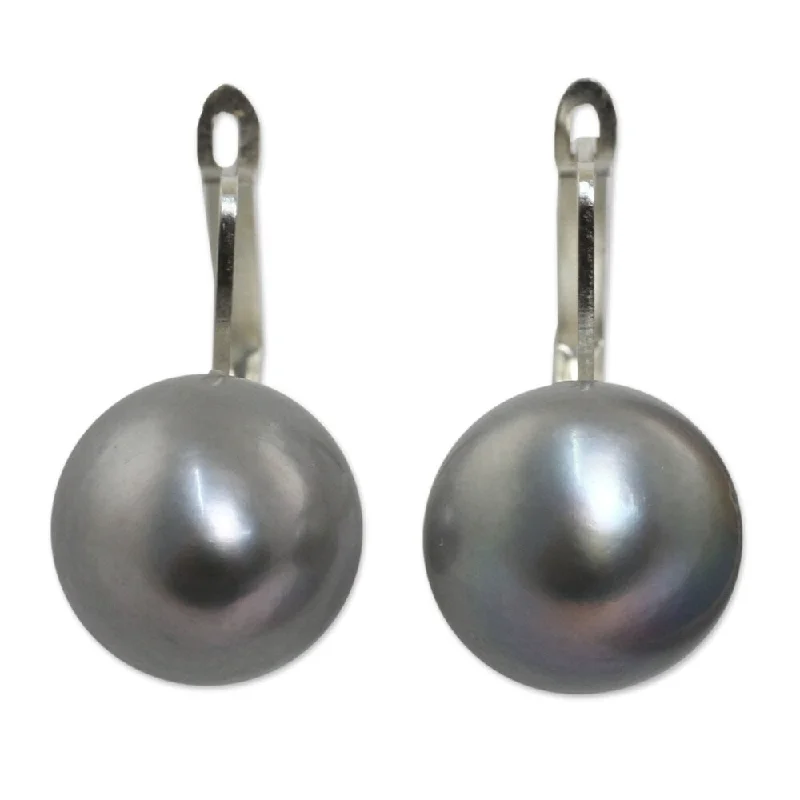 Slim diamond earrings-Handmade Sterling Silver Shadowy MoonPearl Earrings (Thailand)