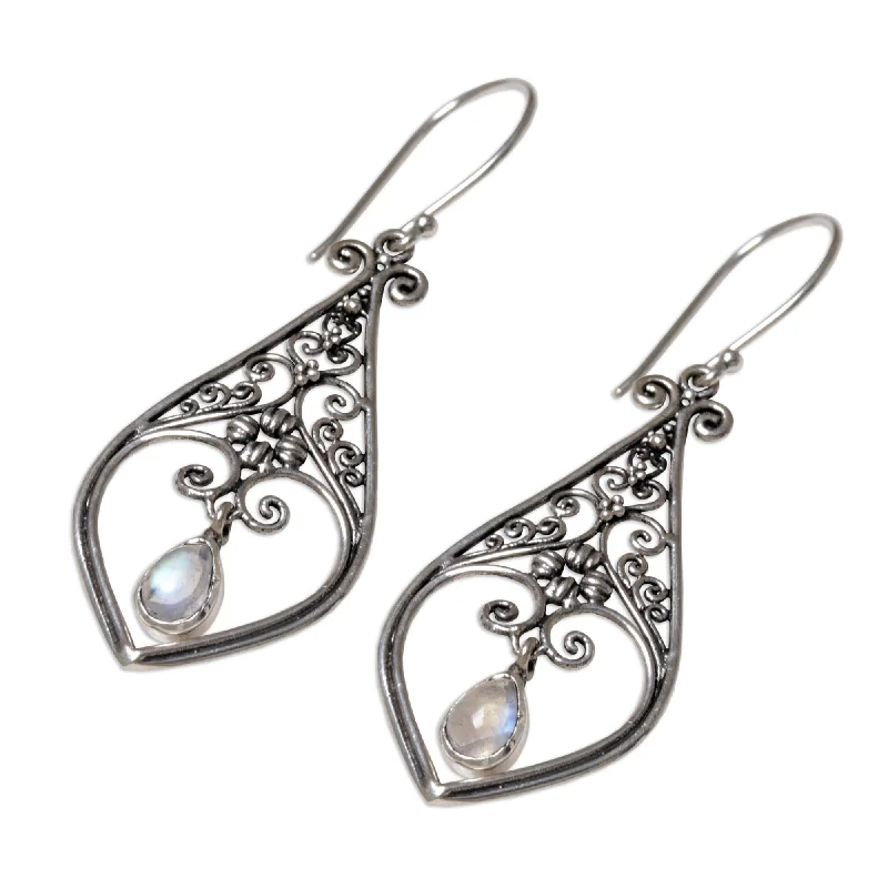 Delicate weave earrings-Handmade Weeping Hearts Sterling Silver Rainbow Moonstone Earrings (Indonesia) - 2*0.7