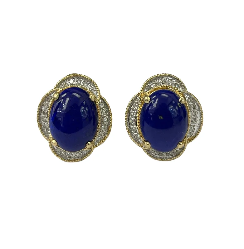 Arced gem earrings-Lapis Oval Gem Diamond Earrings Yellog Gold 14kt