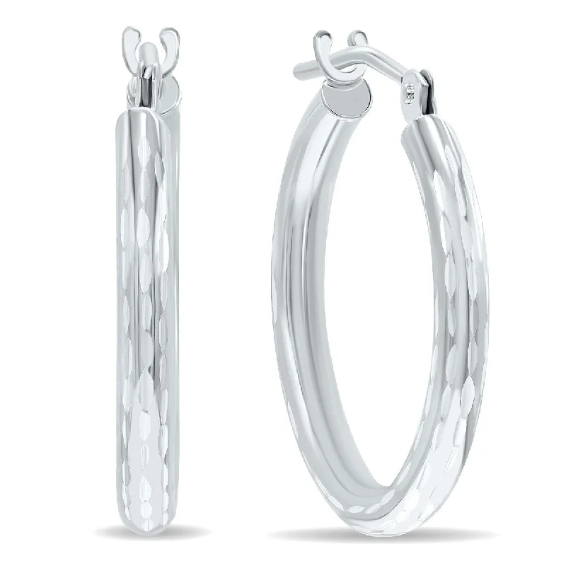 Framed design earrings-Marquee Jewels 10K White Gold Shiny Diamond Cut Engraved Hoop Earrings (18mm)