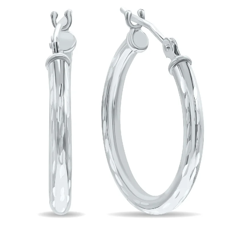 Elevated tier earrings-Marquee Jewels 10K White Gold Shiny Diamond Cut Engraved Hoop Earrings (20mm)