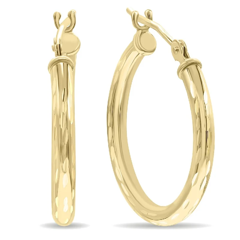 Dual-stone earrings-Marquee Jewels 10K Yellow Gold Shiny Diamond Cut Engraved Hoop Earrings (20mm)