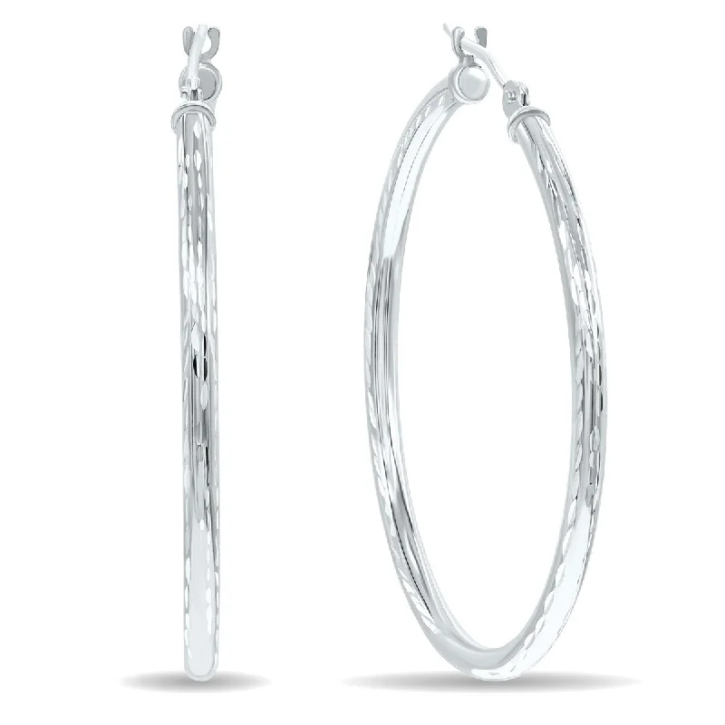 Textured iron earrings-Marquee Jewels 14K White Gold Shiny Diamond Cut Engraved Hoop Earrings (35mm)