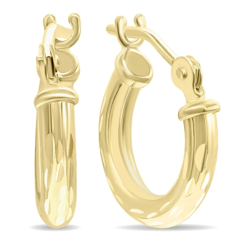 Subtle silver earrings-Marquee Jewels 14K Yellow Gold Shiny Diamond Cut Engraved Hoop Earrings (12mm)