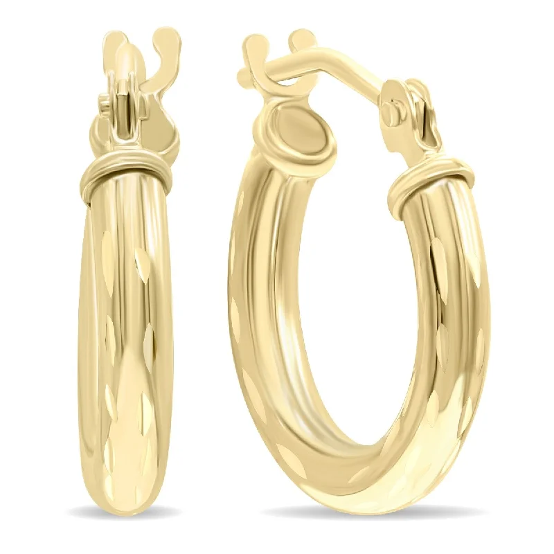 Triple-heart earrings-Marquee Jewels 14K Yellow Gold Shiny Diamond Cut Engraved Hoop Earrings (14mm)